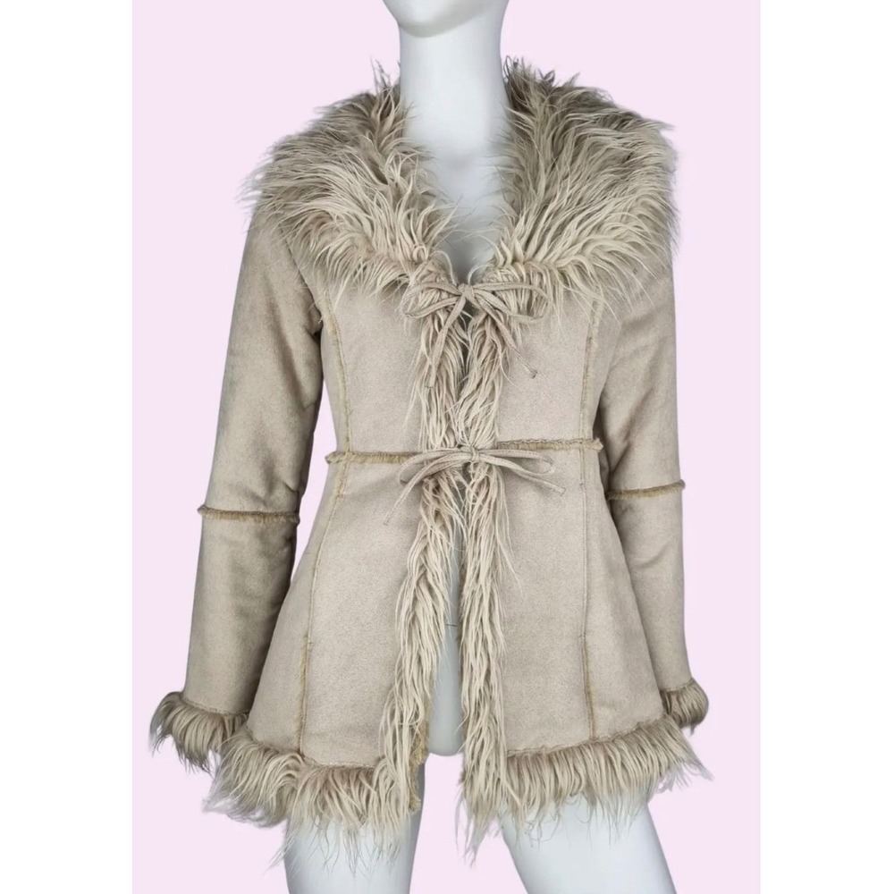 X-CEPT Faux Suede Shearling Coat Women Medium Beige Y2K Penny Lane Shaggy Trim